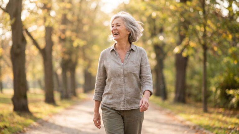 "Woman walking in a park — how to prevent osteoporosis after menopause"